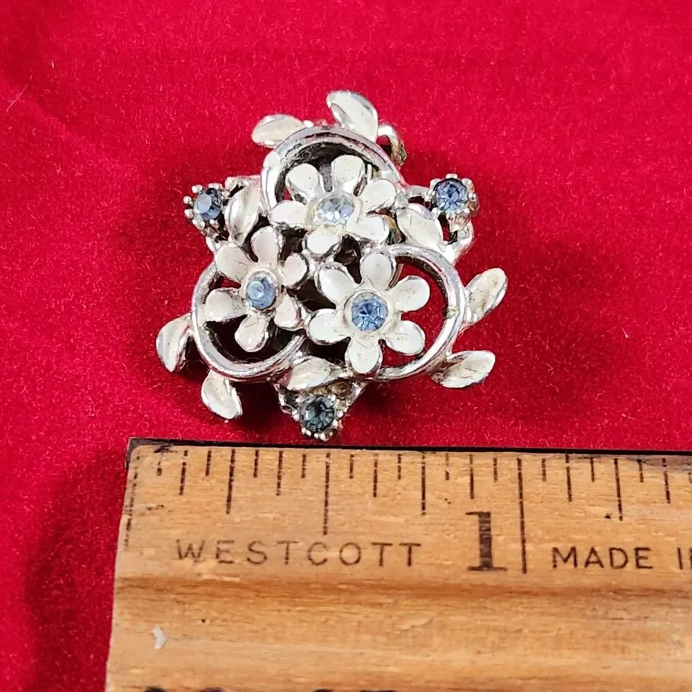 Vintage Enamel Flower and Blue Stone Silver Tone Clip on Earrings Floral